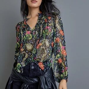 Anthropologie Danae Classic Sheer Women’s Floral Long Sleeve Blouse Size Small